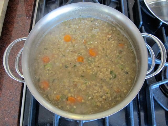 Broth and vegetables simmering in a stockpot.